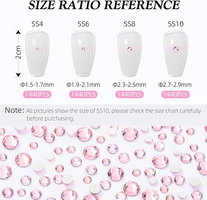 Pink Flatback Rhinestones, Glass Rhinestones for Nail Art and Craft, Glue Fix, Loose Crystal Gemstones(Pink, SS8, 1440pcs, 2.3-2.5mm)