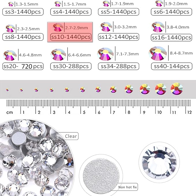 Dowarm 1440 Pieces SS10 Flatback Rhinestones, 2.8MM Flatback Crystal Clear Rhinestones for Craft, Nails, Dance Costumes, Non Hotfix