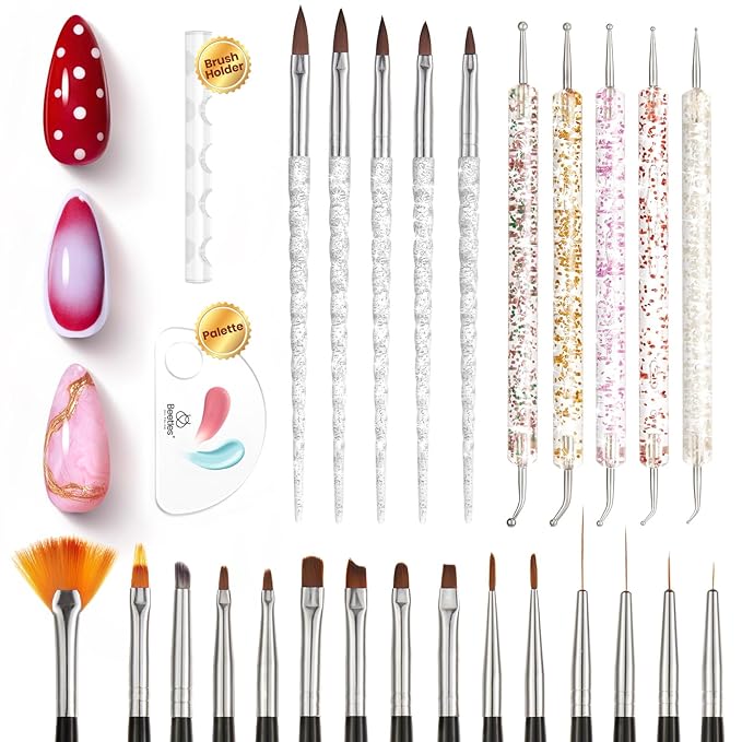 Beetles Nail Art Brushes 25pcs - Confetti Nail Art Pens Daul Ended Dotting Tools Striping Liner Brushes for Nails Flower Sculpting Tools with Palette Brush Holder DIY Home Salon Manicure Design Set