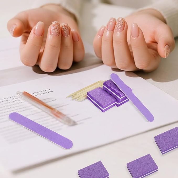Disposable Manicure kit Individually Package, Mini Nail Buffer, Nail File, Wood Stick, Press on Nail Tool Kit for Salon Home (Purple, Count, 20, 80/100 Grit)