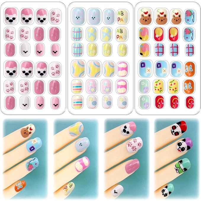 96Pcs 4 Packs Cute Short Press on Nails for Girls 4 Styles 12 Sizes Press on Nails for Kids Press ons with Panda Flower Animal Designs Full Cover Acrylic Nails for Little Girl Gift DIY Manicure