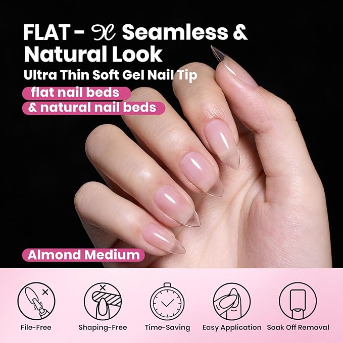 Beetles Gel Nail Tips Flat-X - Almond Medium, 160pcs 16 Sizes, Pre-Etched Half Matte Full Cover Soft Acrylic False Nail Tips Clear Press on Easy DIY Extension Salon for Flat & Natural Nail Beds