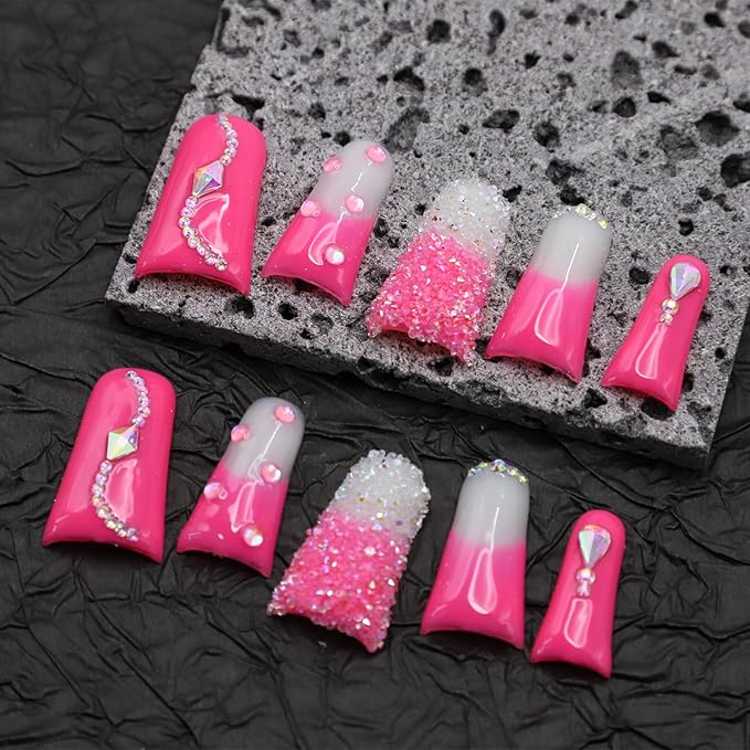 Handmade Press on Nails Long Duck Nails with Glue,Rose Pink Fake Nails with Rhinestone Design Reusable Acrylic Nature Stick on Nail Luxury False Nails for Wome (Size M)