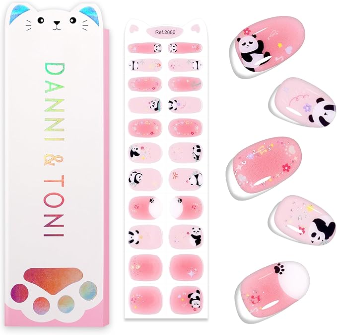 DANNI & TONI Kids Gel Nail Strips Giant Panda Bamboo Flowers Pink Ombre Salon-Quality Peel & Stick Manicure for Children (Age 6+)– Safe, Long-Lasting, Easy to Apply | Panda Pop