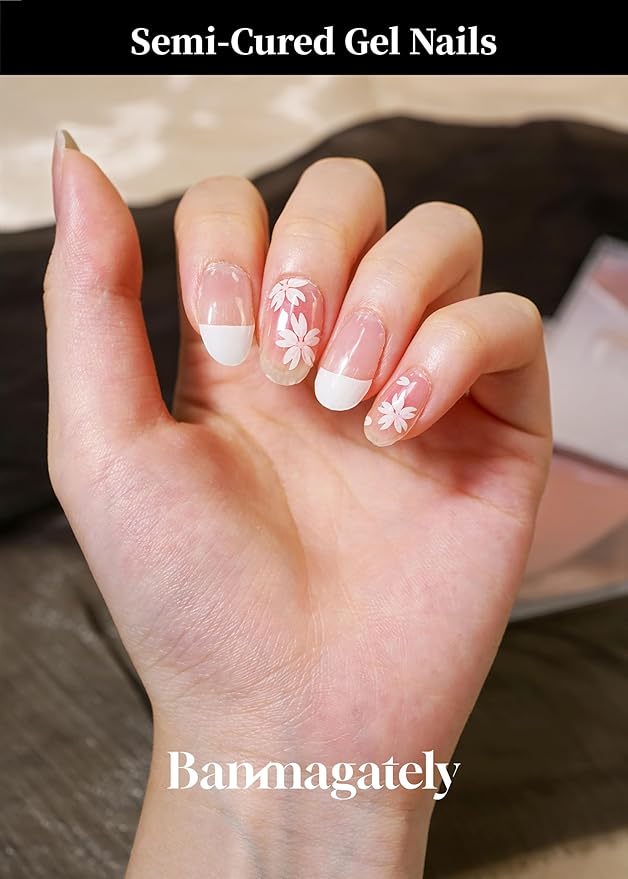 Semi Cured Gel Nail Strips, 20Pcs Long Lasting Salon Quality Wraps, Easy Apply & Remove Gel Nail Stickers with UV Light (Blush French Petals White)