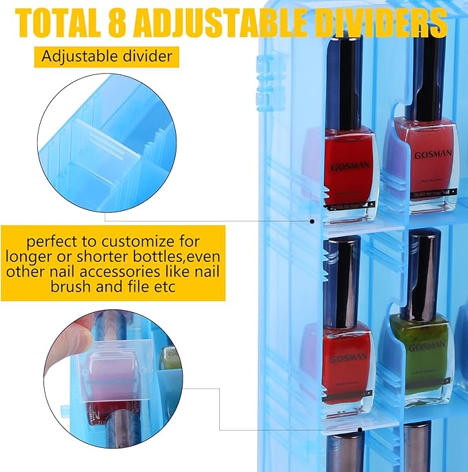 Universal Nail Polish Holder Gel Nail Polish Organizer Case for 48 Bottles Adjustable Dividers Space Saver,Double Sided Storage for Nail Bottles Mini Cars Threads Essential Oils (Blue)