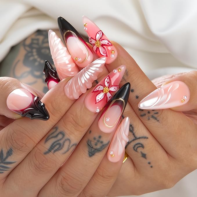 LOVFUL Short French Tip Press on Nails Crimson Veil | Handmade Acrylic Press ons| Reusable Fake False Nails | Stiletto Classic Regular 1.3in | H707-S