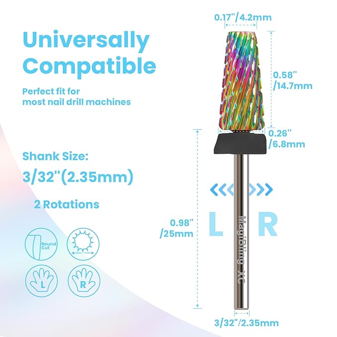 Professional 5 in 1 Tapered Nail Drill Bits, 3/32'' Safety Tungsten Carbide Bits, Remove Hard Gel Fast, Left & Right Hand Use, Easy for Beginner, Technicians Bits, Extra Coarse.