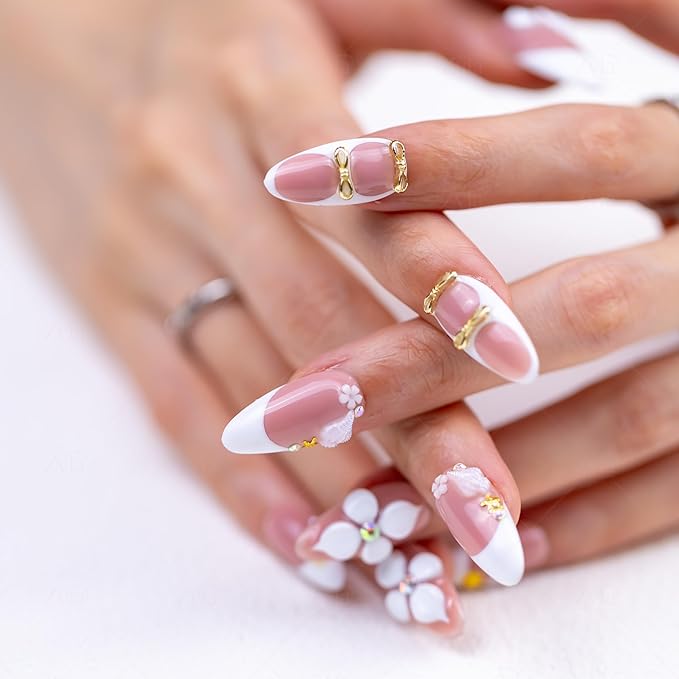 10 Pieces Handmade Press On Nails Medium Almond, White Thickened French False Nails, 3D Flowers And Sea Shells, Reusable Fake Nails Almond, Reusable Acrylic Nails (S)