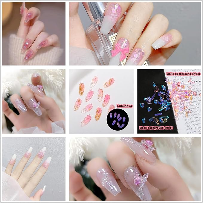 850 Pieces 3D Butterfly Rose Flower Bow Rabbit Bear Nail Charms Kit with Nail Art Rhinestones Pearls Crystal Gems Nail Slices for Manicure DIY Crafts Jewelry Accessories (Pink)