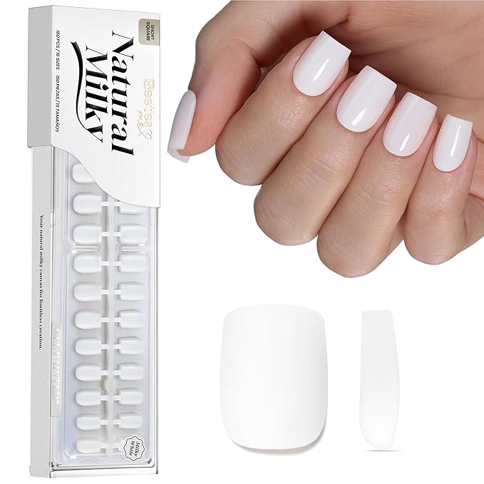 Beetles Natural Milky White Nail Tips | 150PCS, 15 Sizes Short Square Nail Tips | Pre-Colored Full Cover Soft Nail Gel Fake Nails | Salon-Gel Look for DIY Manicure