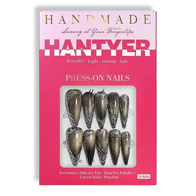 Black Cat Eye Press on Nails with Hand-Painted 3D Metallic Texture Lines, Long Stiletto Glossy Iced Punk Fake Nails, Reusable Edgy False Nails for Women Goth Party Special Occasion (Size M)