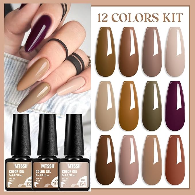 MTSSII 12 Colors Brown Gel Nail Polish Set, Fall Winter Skin Tones Nude Gel Polish Roasted Chestnuts Chocolate Collection Neutral Khaki Gel Nail Kit Nail Art Salon DIY Gift for Women