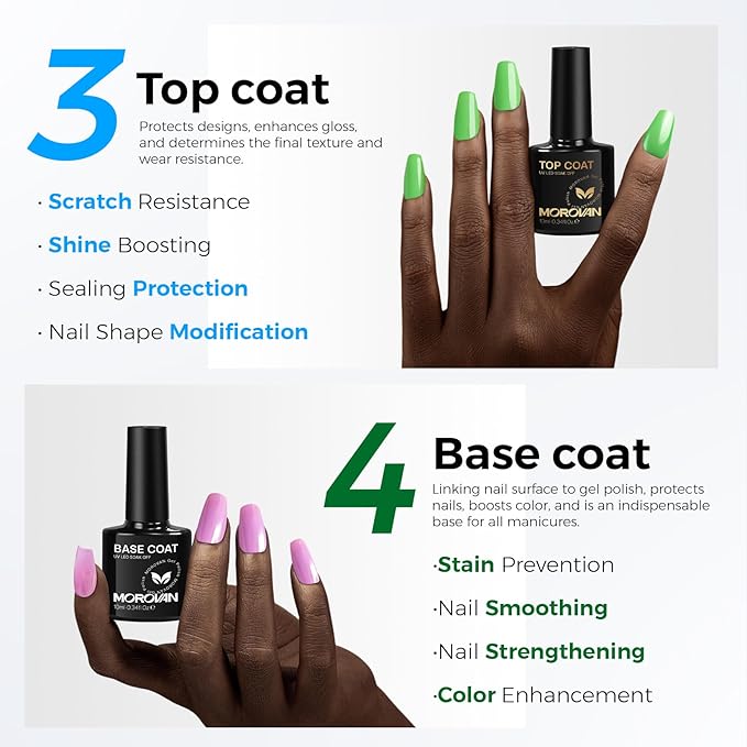 Morovan Nail Dehydrator and Primer with Gel Base & Top Coat Set 4PCS Professional Fast Dry Acid Free Supplies Primer for Acrylic & Gel Nail Polish Gifts