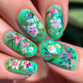 Bright Green Press on Nails Short Oval Fake Nails Intricate Flower Design Spring Summer Nails Press ons,Reusable & Easy Apply Stick on Nails for Women Manicure 24Pcs