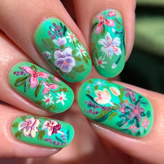 Bright Green Press on Nails Short Oval Fake Nails Intricate Flower Design Spring Summer Nails Press ons,Reusable & Easy Apply Stick on Nails for Women Manicure 24Pcs