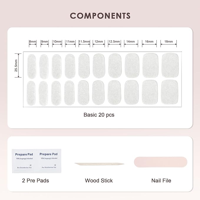 Semi Cured Gel Nail Strips – Real Gel Nail Polish Wraps for Brittle Nails | Waterproof Long Lasting Easy Peel-Off Removal | Hema-Free | 20-Piece Glitter Milky White Salon Kit with File & Stick