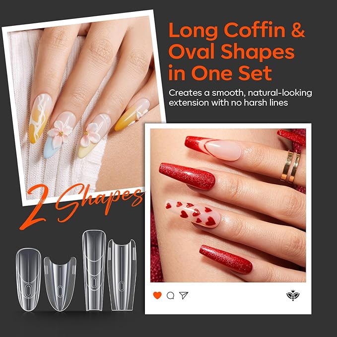 Modelones Poly Nail Gel Sandwich Nail Form Dual System, 240 Pcs Reusable Top & Bottom Oval Coffin Nail Forms with Guide Lines Side Locking Clips Stable Apex Control Builder Gel Structure Extensions