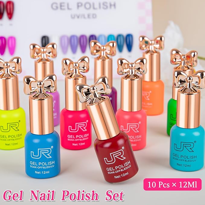 JR Gel Nail Polish 10pcs 0.4oz Neon Gel Nail Polish Set Vibrant Neon Colors Nail Art Kit for Rave & Summer Festivals, Elegant Bow Bottle Design, Quick Dry & Chip-Resistant Gifts for Women E Model