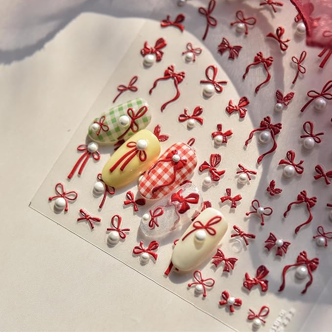 Embossed Bow Nail Art Stickers 5D Valentines Nail Decals with Pearl Design Cute Nail Stickers Self-Adhesive Red Butterfly Nail Accessories Valentines Stickers Supplies for Women Manicure Decor 1Sheet