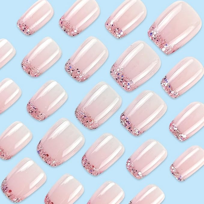 Pink French Tip Press on Nails Short Coffin OFDNE Petite Fake Nails False Nails with Designs Glitter Full Cover Glossy Glue on Nails French Manicure Acrylic Nails for Women Girls 24Pcs