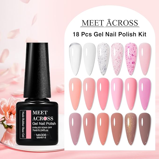 MEET ACROSS 18Pcs Rubber Builder Gel for Nails Pink Brown Gold Foil 2-in-1 Base Color Gel Polish Strengthen Gel Nail Polish Art Manicure Kit