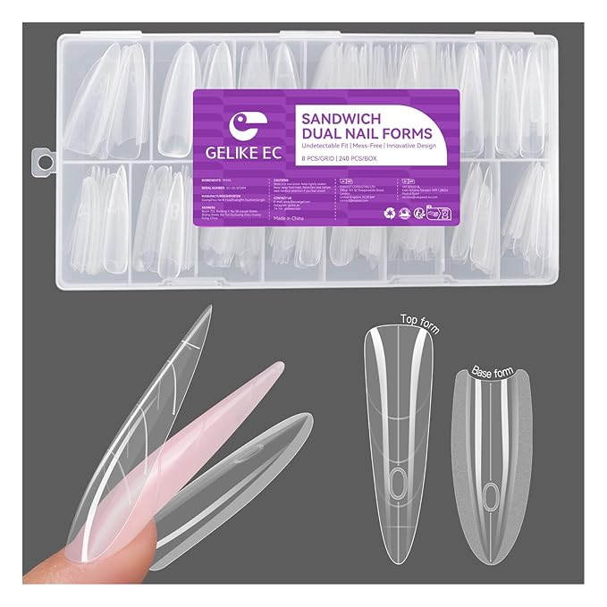 Gelike EC Nail Forms for Builder Gel: Reusable Almond Sandwich Dual Forms for Acrylic & Polygel - 240Pcs 15 Sizes, Nail mold for Flat & Arched Nails - Creates Short to Long Styles