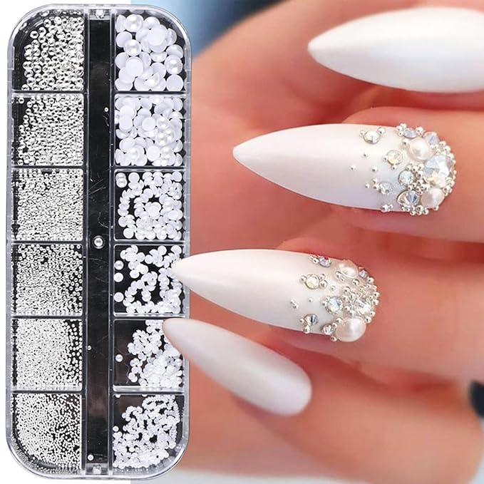 Nail Art Pearls Flatback Rhinestones Bow-Knot Nail Charms Silver Beads White Half Round Supplies Luxurious Design Jewelry DIY Crafts Accessories for Women Manicure Decorations