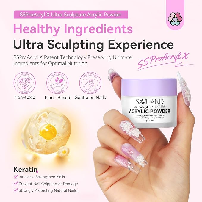 SAVILAND White Acrylic Blending Tech Keratin Nail Powder Ultra-Smooth Application Professional Powder for Nail Extension & Carving
