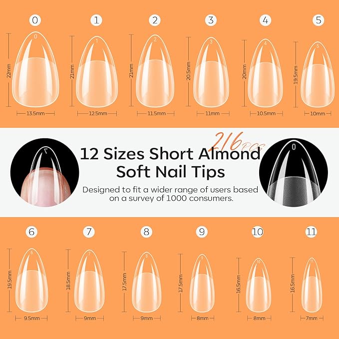 modelones Short Almond Nail Tips, Pre-shaped Soft Gel Tips Fake Nails False Acrylic Clear Full Cover Press on Extension Kit Gel Manicure DIY at Home 216PCS 12Sizes