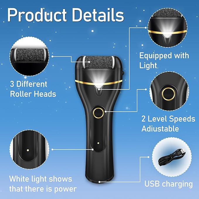 Callus Remover for Feet, Electric Foot Callus Remover Waterproof with 3 Rollers 2 Speed Battery Display,17 in1 Rechargeable Foot File Pedicure Kits for Dead Hard Cracked Dry Skin