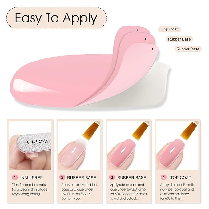 CANNI Rubber Base Gel Set - 6 Colors Pink Nude Builder Nail Gel for Nail Strengthening, Soak Off UV LED for Natural Nails, DIY Manicure Salon Use Women & Girls