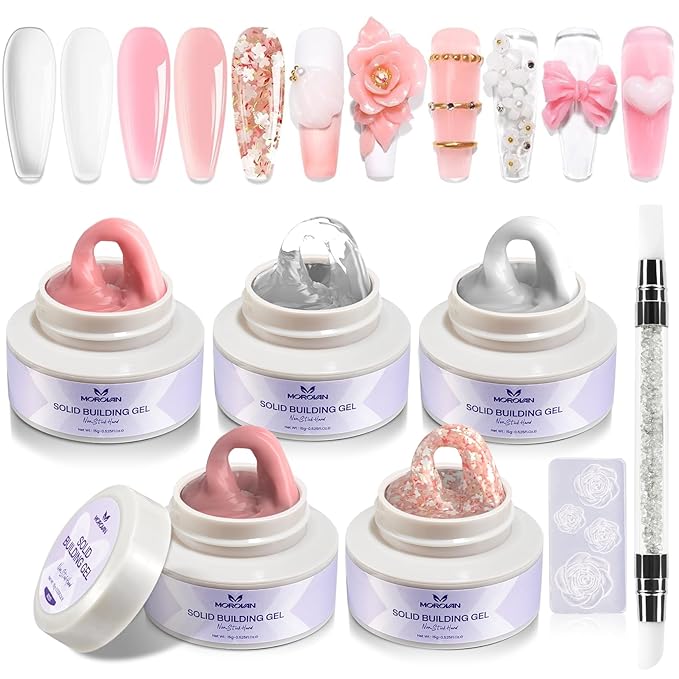 Morovan Solid Builder Gel Kit: 5 Color Series Builder Gel for Nails 3D Sculpting Carving Nail Art Non-Sticky Hard Gels for Nail Extension Manicure DIY at Home and Salon