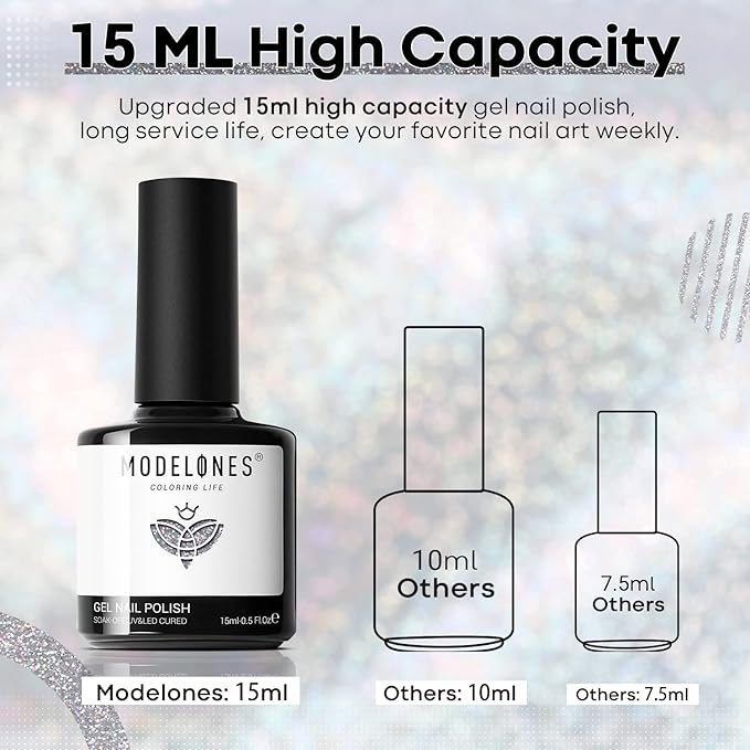 modelones Glitter Gel Nail Polish Pastel Silver Gel Nail Polish Soak-Off UV Gel Polish - 28+ Days Long-Lasting Salon-Quality Nail Art for Spring & DIY Manicure & Gift 15ML
