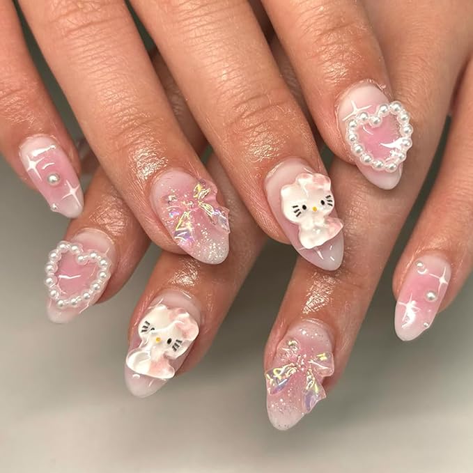 24Pcs Pink Press on Nails Medium Almond Fake Nails Charms Pearl Design French Nails 3D Bow Heart False Nails Tips Cute Star Stick on Nails Full Cover Artificial Acrylic Nails for Women Decor