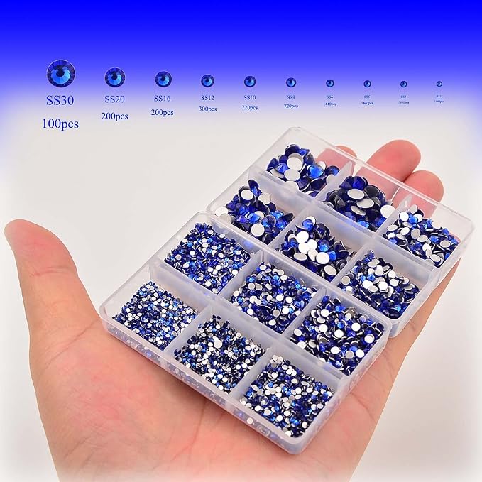 NCB 8000pcs Non Hotfix Rhinestones 10 Sizes Flatback Crystal Glass Rhinestones with Tweezers and Picking Pen for Nail Art Clothes Bags Phone Decorations Crafts DIY (006 Sapphire Mix SS3-SS30)