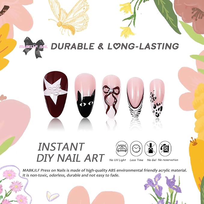Press on Nails Long Almond MABKJLF French Tip Fake Nails False Nails with Stars Bow Leopard Print Zebra Print Pearls Designs Glossy Glue on Nail Full Cover Acrylic Nails for Women Girls 24Pcs