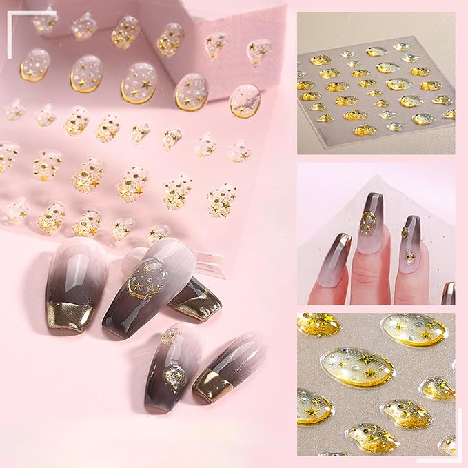 SILPECWEE 6 Sheets 5D Gold Embossed Nail Art Stickers Gem Crystal Irregular Geometric Frames Nail Stickers Designs Hollow Nail Decals Self Adhesive DIY Acrylic Nails Accessories