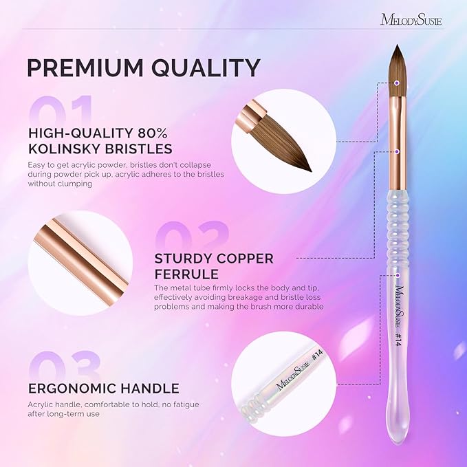 MelodySusie Kolinsky Acrylic Nail Brush, 80% Pure Kolinsky Hair, Professional Nail Brush for Acrylic Powder Nail Extension and 3D Nail Carving, Nail Art Tools for DIY Home Salon, Size 14