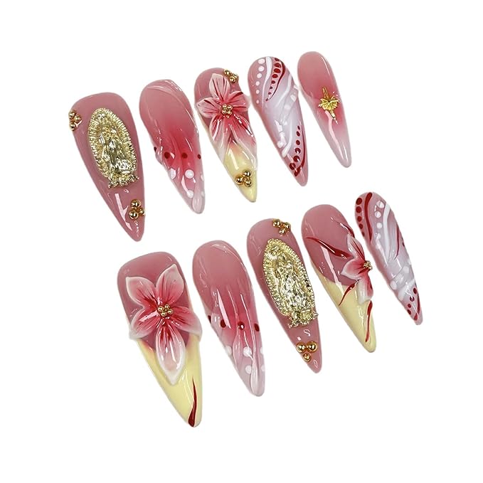 Long Press on Nails Handmade Almond Fake Nails French Tip False Nails 3D Flower Art Designs Acrylic Nails Press Ons Sparkly Reusable Glue on Nail for Women 10Pcs Nail Decorations (Size M)