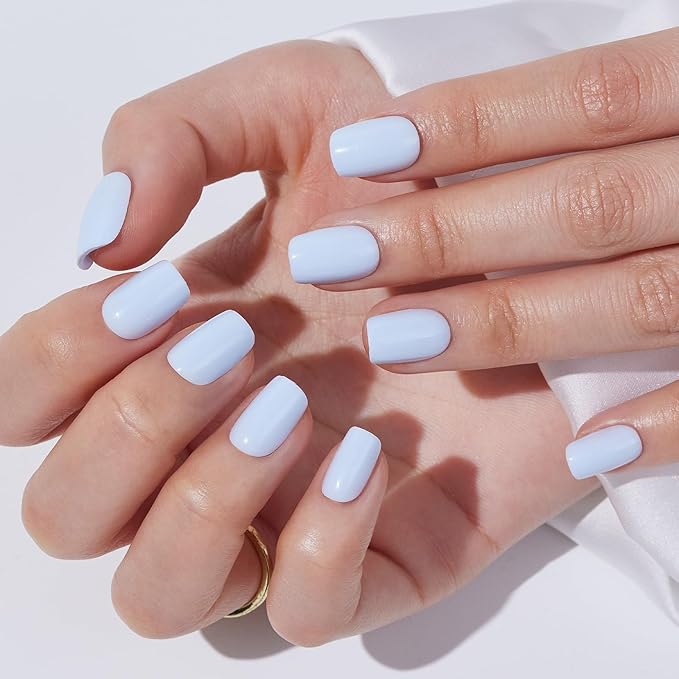 Press On Nails - Findigit Short Square Blue False Stick Glue On Nails, Reusable Stick On Fake Nails with Glue Salon Quality 16 Sizes - 32 Nail Kits, Blue Cream