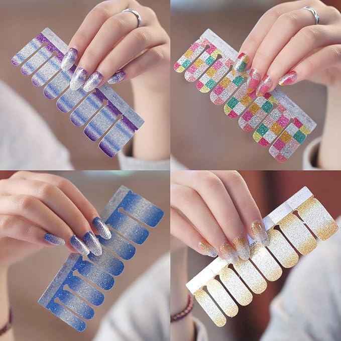WOKOTO 16 Sheets Gradient Adhesive Nail Polish Decals Strips with 1Pc Nail File Glitter Nail Art Stickers Wraps Manicure Accessories