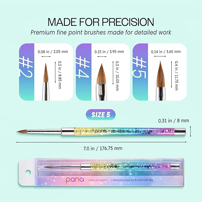 PANA Kolinsky 3D Acrylic Nail Brushes with Liquid Glitter Handle - For Professional Acrylic Powder Liquid Manicure Pedicure (Rainbow Color, Size #5)