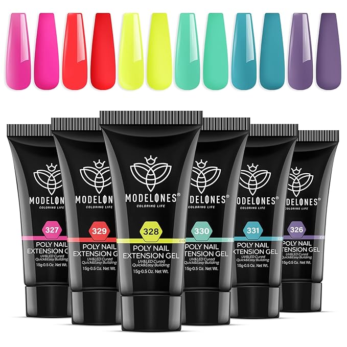 Modelones Poly Nail Gel Set, 6 Colors Forever Young Collection Turquoise Purple Blue Neon Yellow Hot Pink Poly Extension Builder Gel Nail Spring Hot Summer French Manicure DIY
