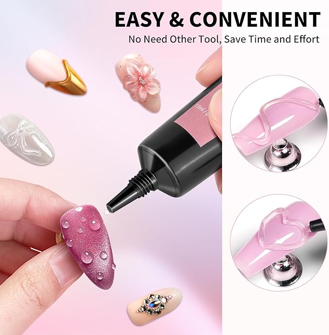 3D Nail Gel and Chrome Nail Powder Kit, 3 in 1 No Wipe Clear 3D Sculpting Gel for Nail Art Carving Molding Rhinestone Glue 15g, Gold Silver Metallic Mirror Nail Chrome Powder Glitter for Manicure