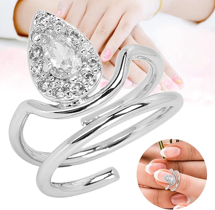 Rhinestone Nail Rings - Fingertip Jewelry for Nail Art Decoration - Valentine's Day Gift for Women (Platinum)