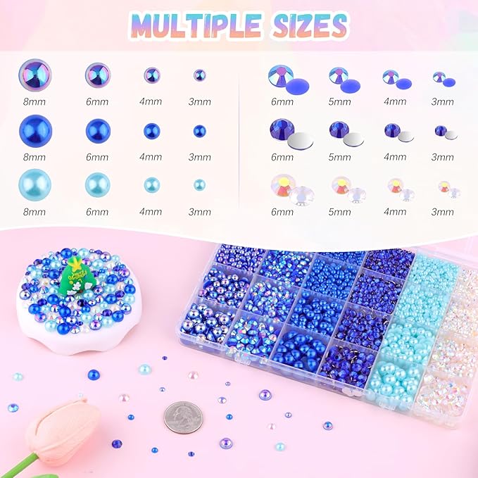 14000Pcs Flatback Pearls and Rhinestones for Crafting, Blue Series Mixed Size 3-8mm Resin Rhinestones and Half Pearls for Bedazzling, Nail Art with Tweezers and Pickup Pencil
