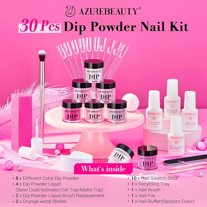 AZUREBEAUTY Dip Powder Nail Starter Kit with Matte Coat, 8 Hot Pink Glitter Neon Summer Color, Dipping Powder Liquid Set with Base/Top Coat/ Activator/10 Nail Sticks Salon at Home Valentine's Day Gift