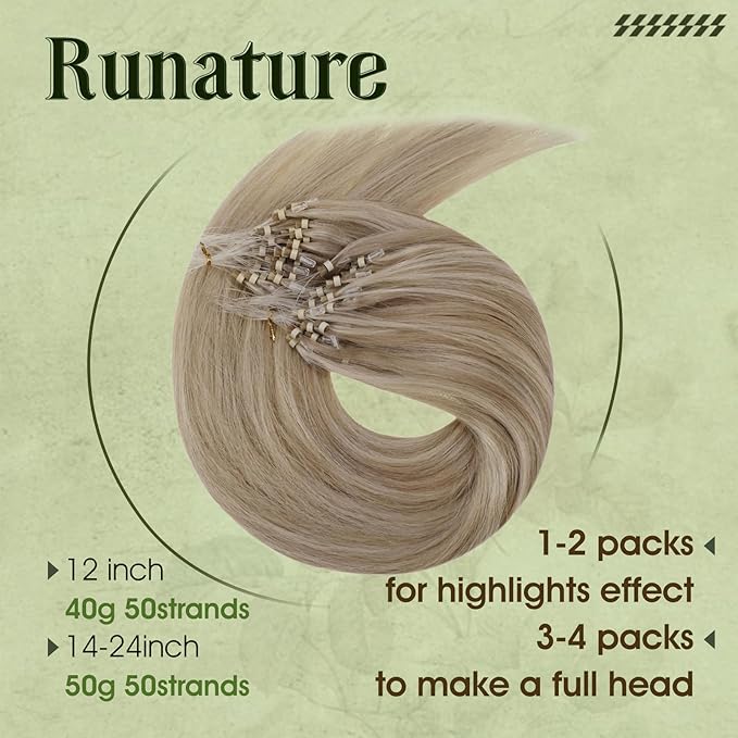 RUNATURE Micro Ring Hair Extensions Blonde Highlight Ash Brown Micro Link Extensions Real Human Hair Blonde Micro Loop Hair Extensions Human Hair 18 Inch 50 Gram