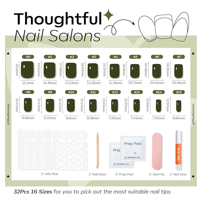 Modelones Moss Green Press on Nails, Short Square Fake Nails, Reusable Nail Kit with Nail Glue Adhesive Tabs Mini Nail File, Spring Nails Press Ons 32Pcs16 Sizes, Women Girl Gift